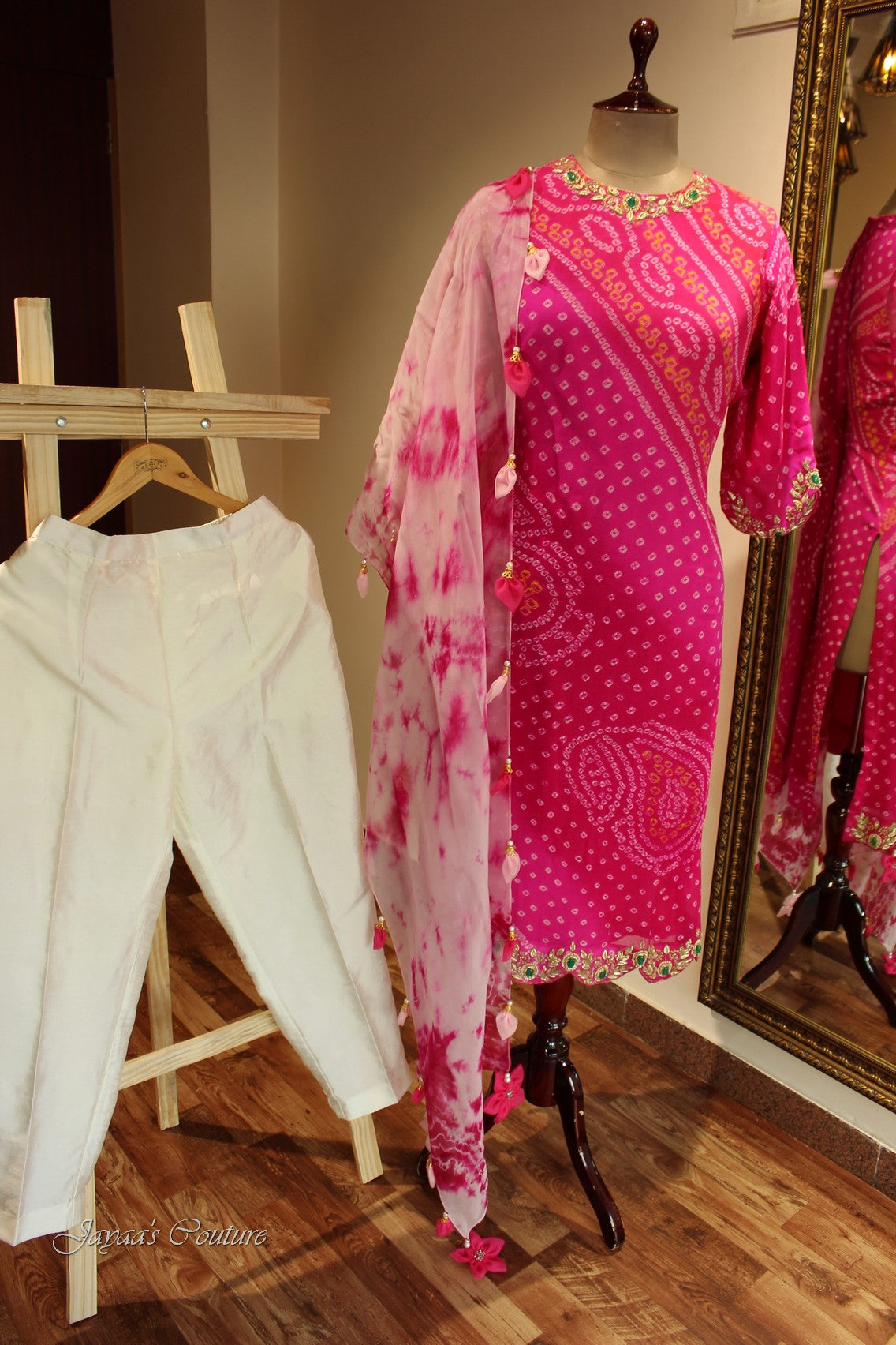 Rani red shaded bandage kurta with pants and dupatta