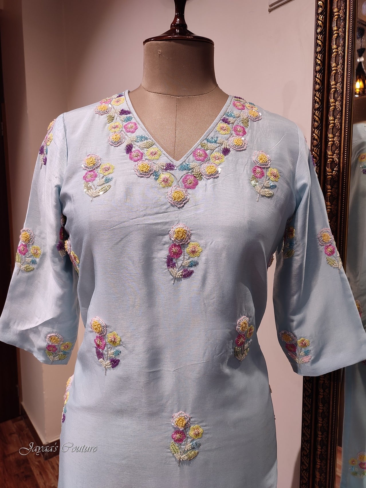 Powder blue kurta pants with dupatta