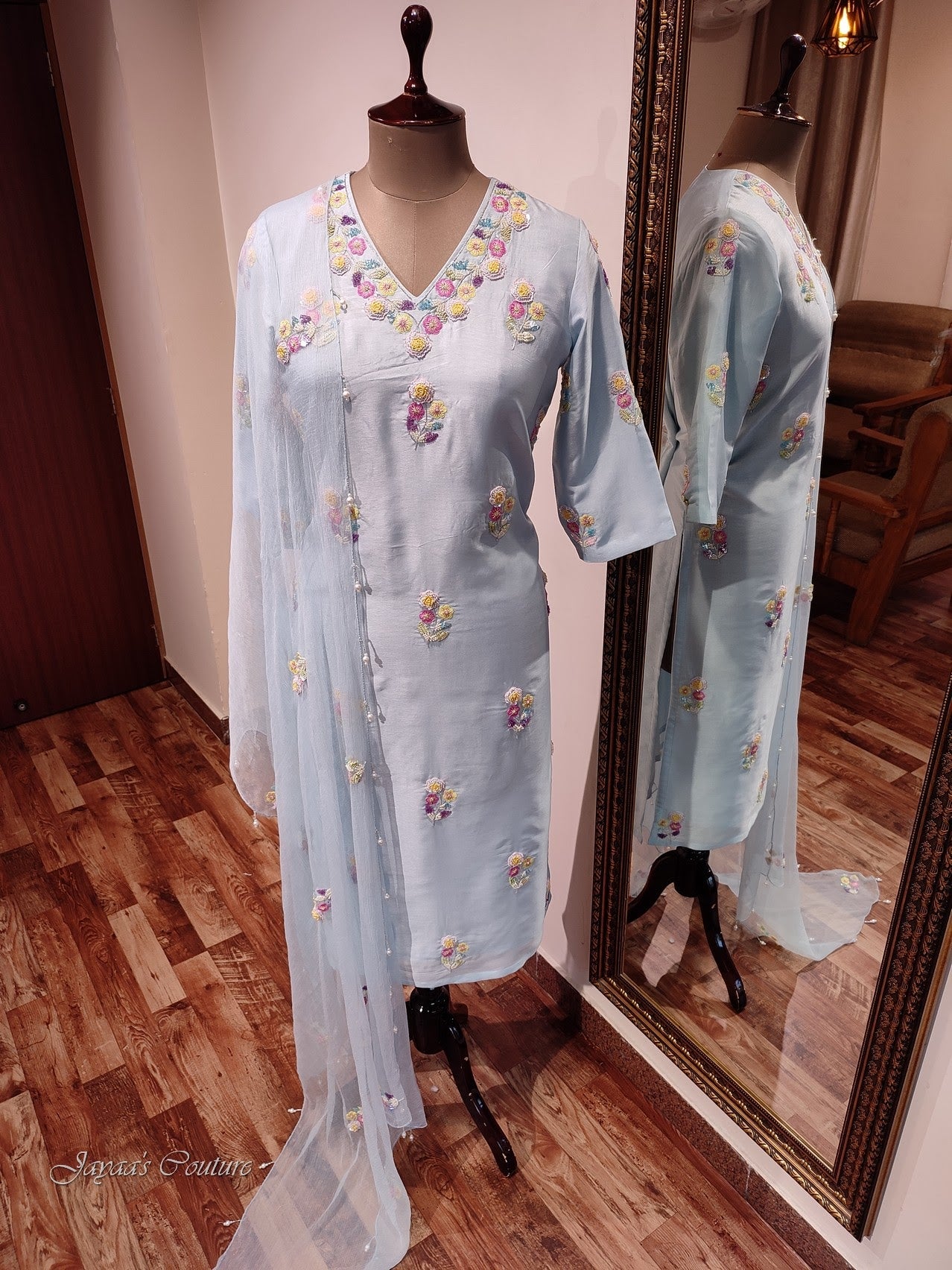 Powder blue kurta pants with dupatta