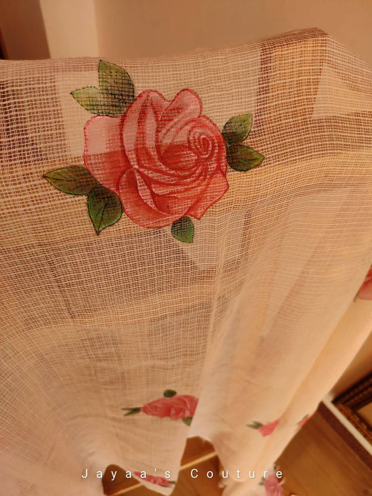 peach Kota doria hand painted dupatta