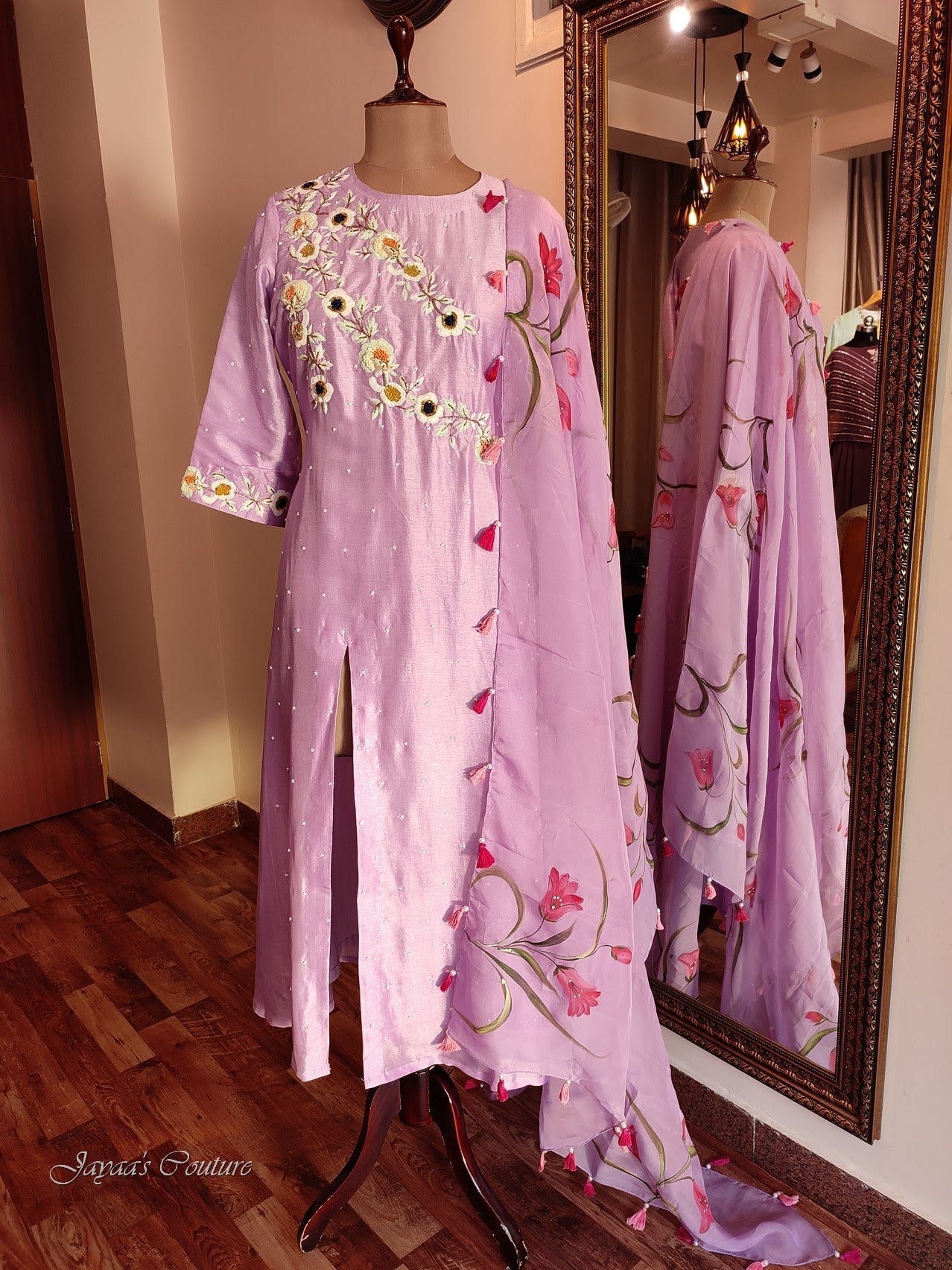 pastel lavender kurta and pants with hand painted dupatta