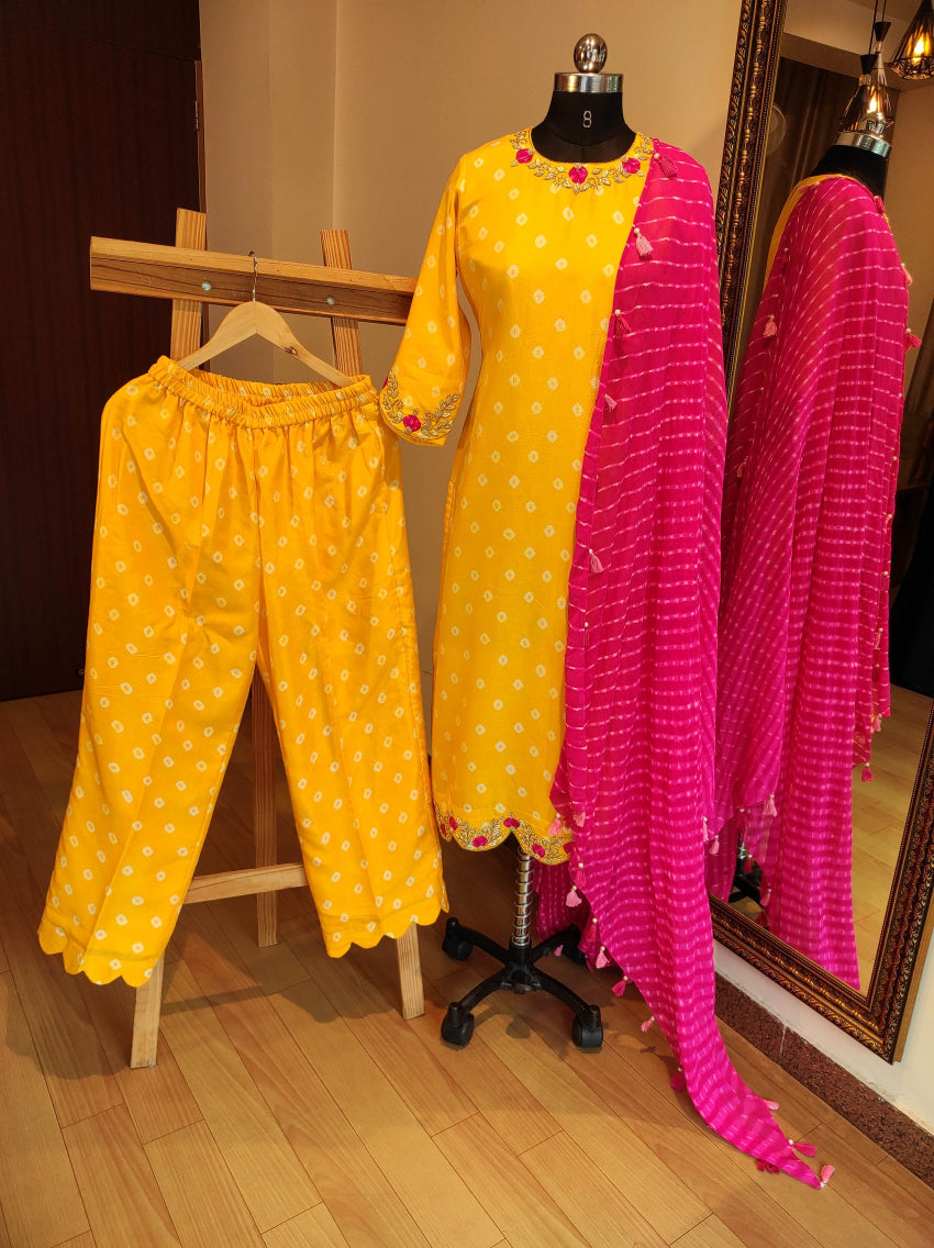 Yellow bandhani kurta pant with mothda dupatta