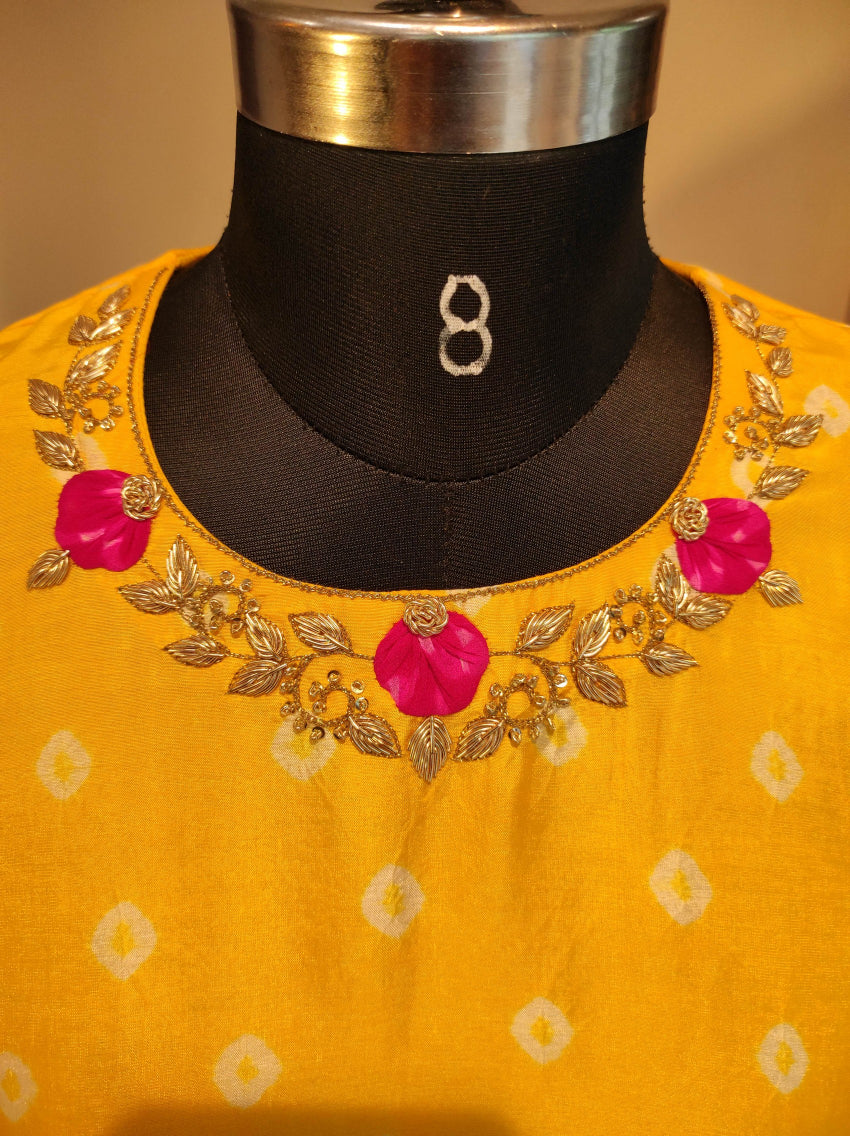 Yellow bandhani kurta pant with mothda dupatta