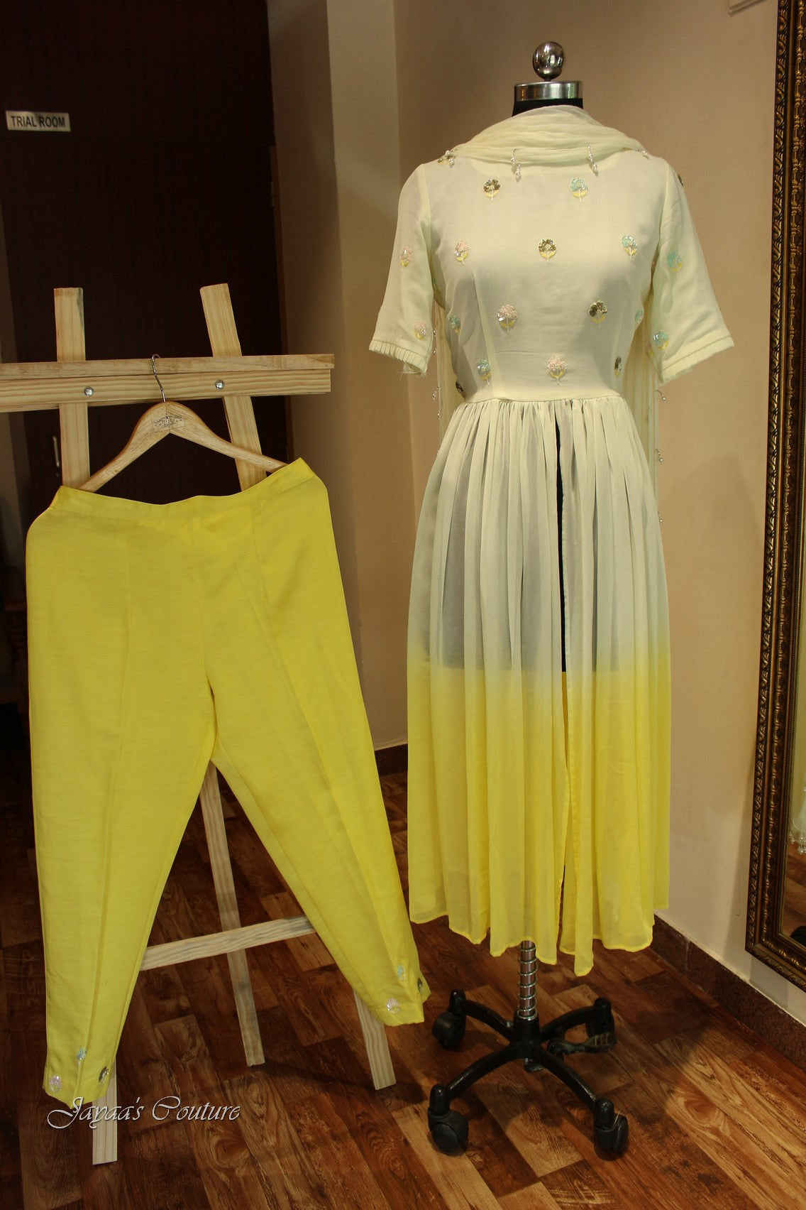 Off white lemon yellow shaded kurta pants dupatta