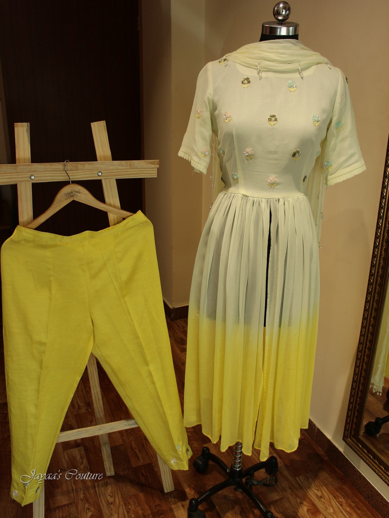 Off white lemon yellow shaded kurta pants dupatta