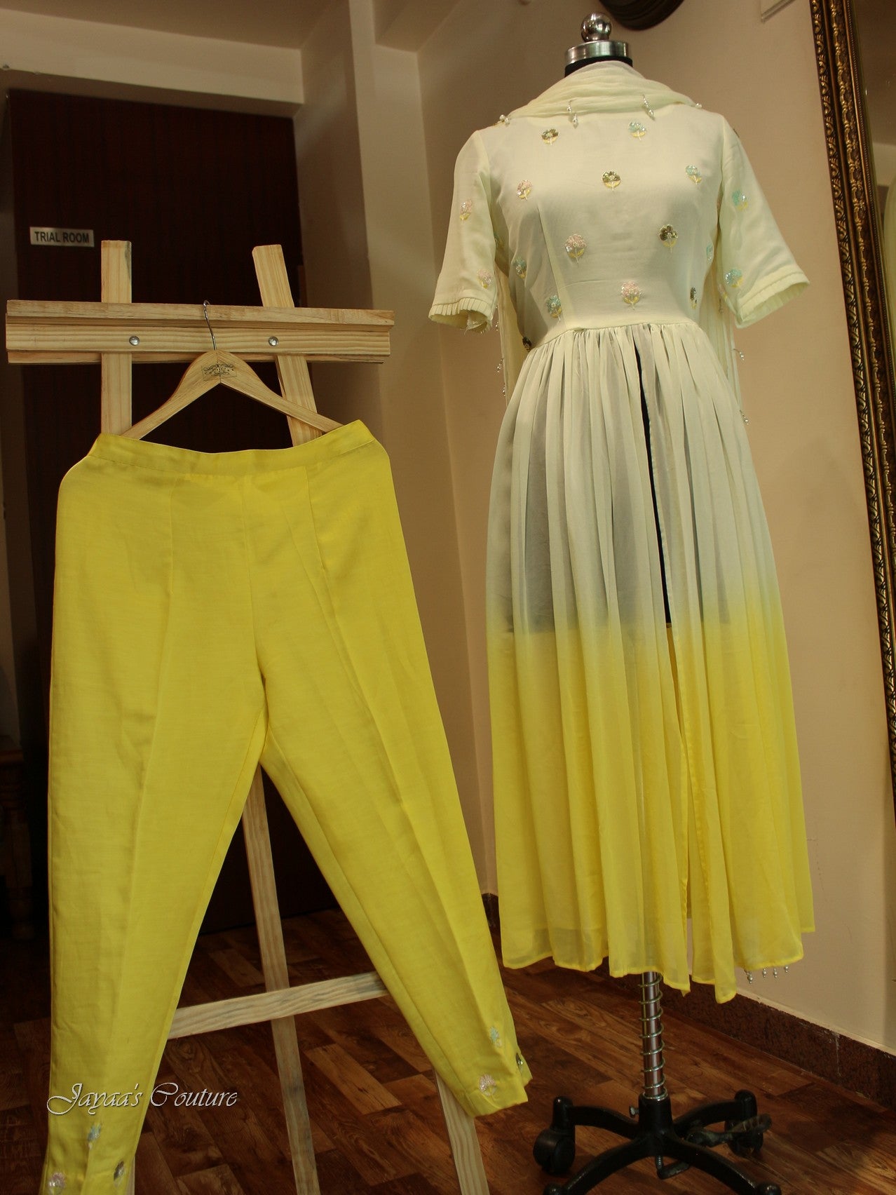 Off white lemon yellow shaded kurta pants dupatta