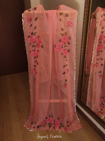 Peach Organza Hand Painted Dupatta