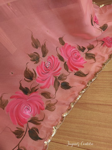 Peach Organza Hand Painted Dupatta