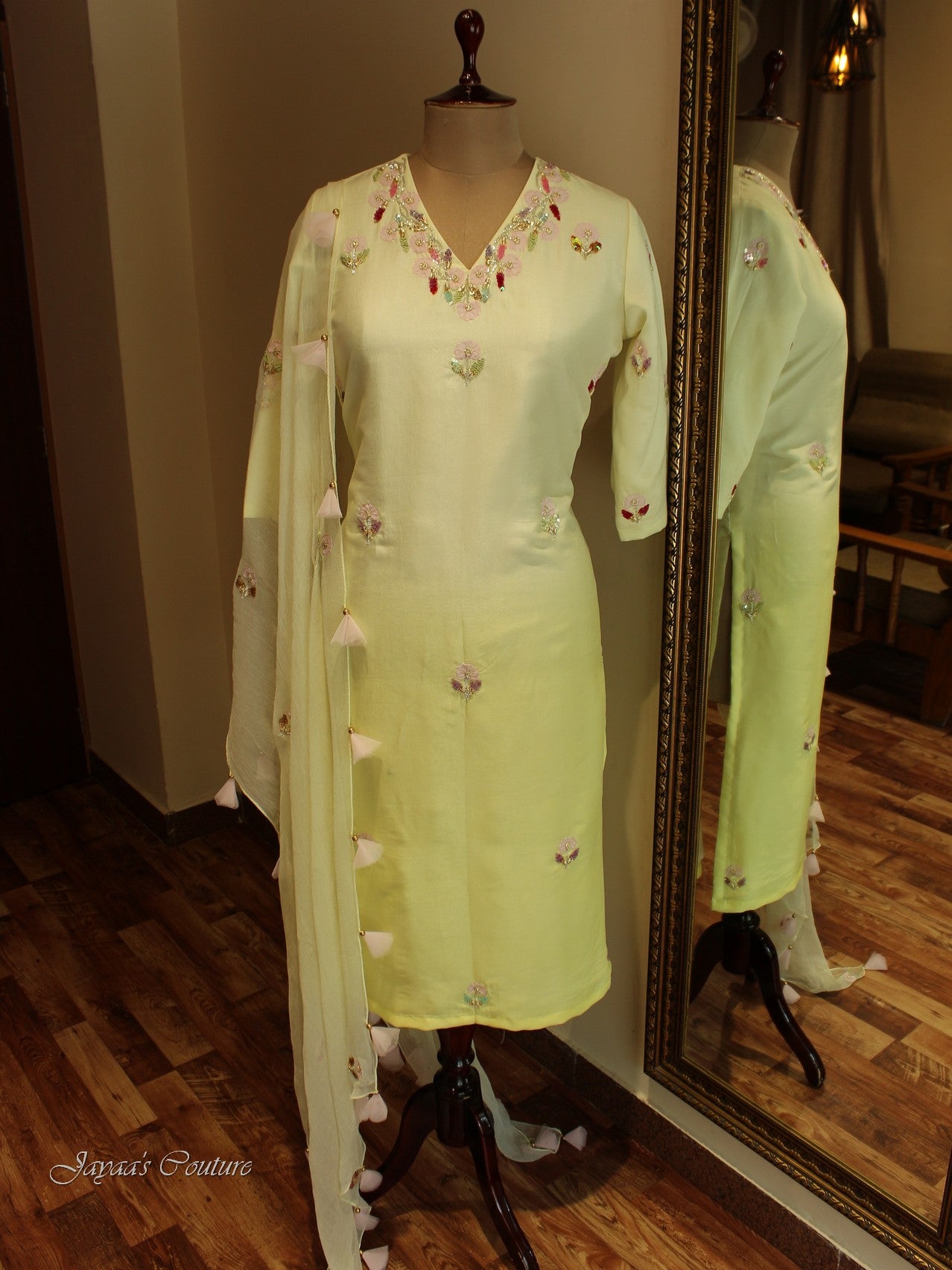 lemon yellow shaded kurta with pants and dupatta