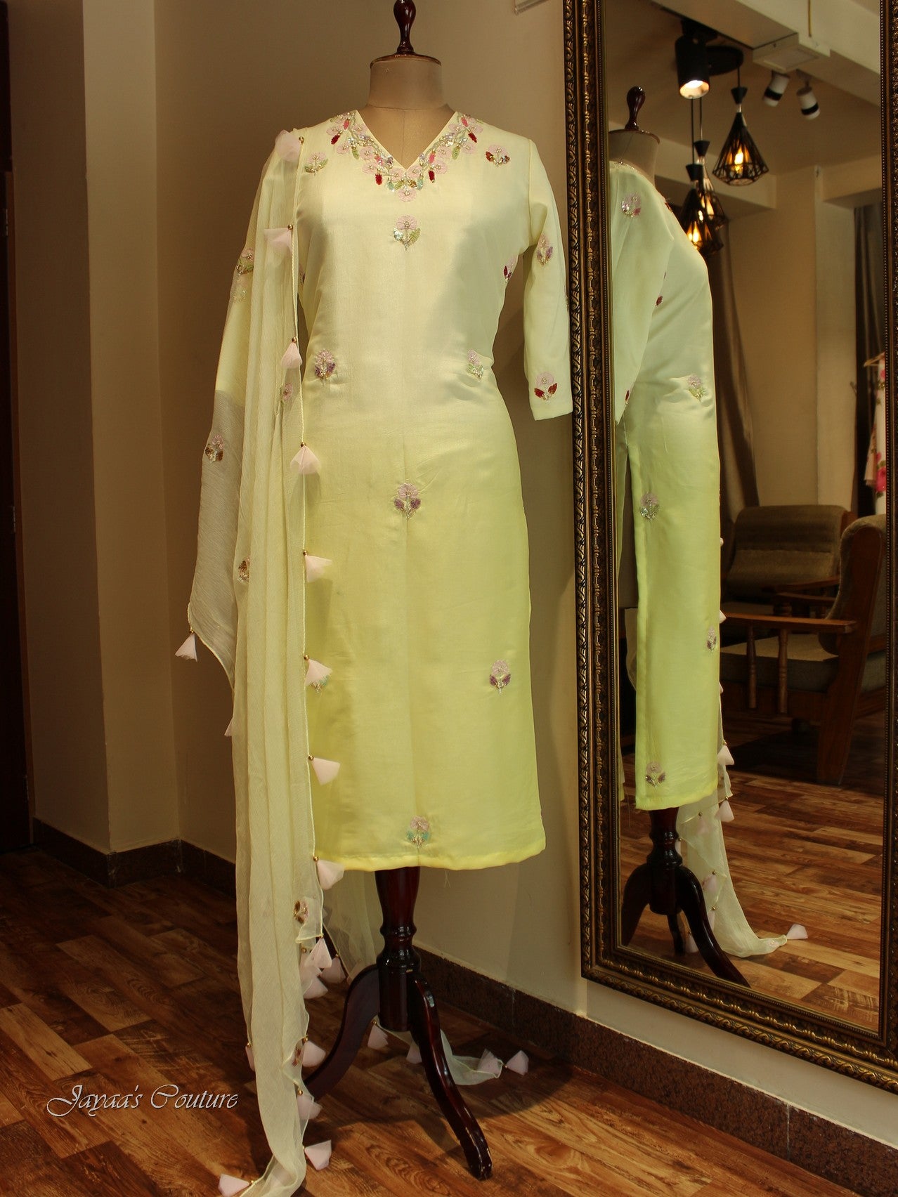 lemon yellow shaded kurta with pants and dupatta