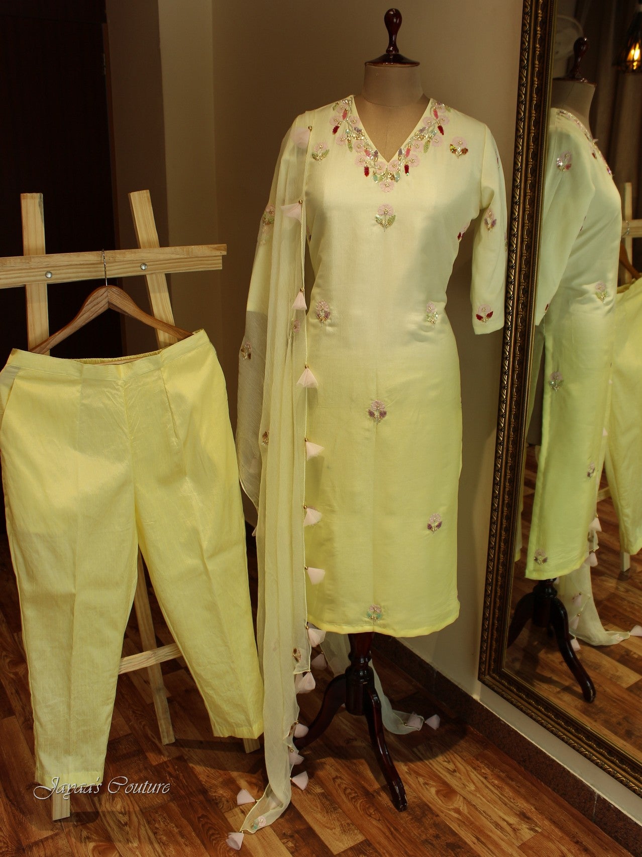 lemon yellow shaded kurta with pants and dupatta