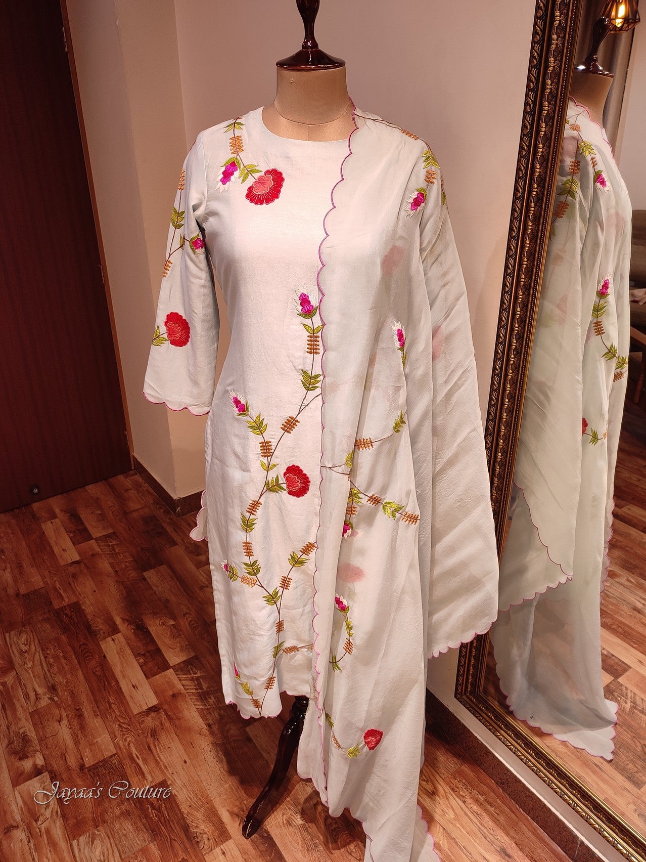 Powder blue applique work kurta with pants and dupatta
