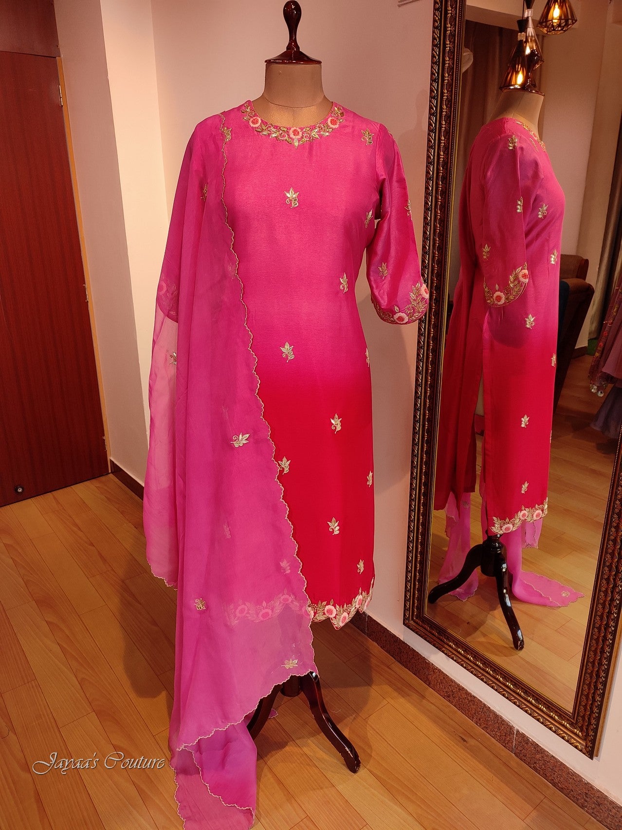 Fusia pink and red shaded kurta pants dupatta