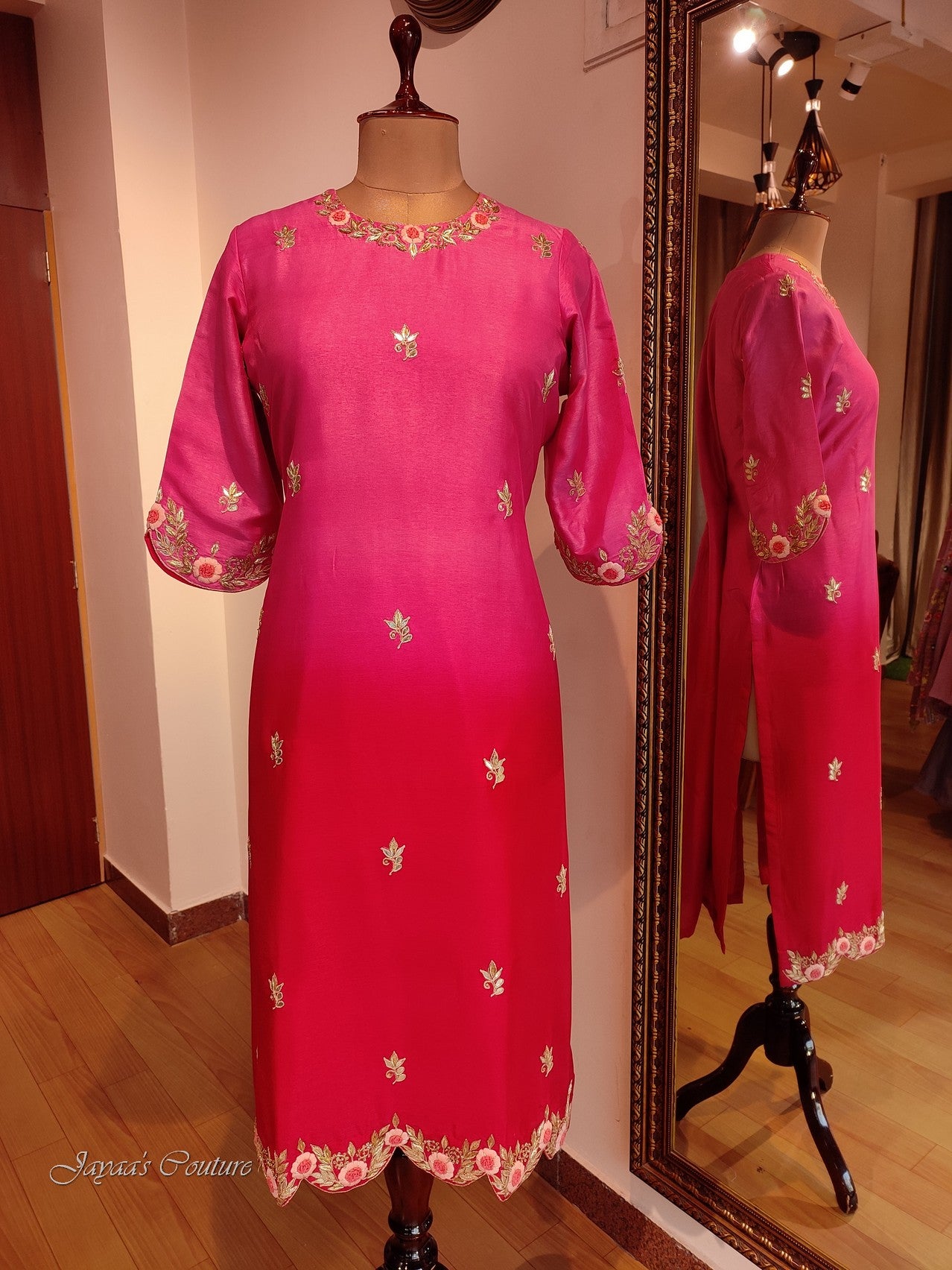 Fusia pink and red shaded kurta pants dupatta