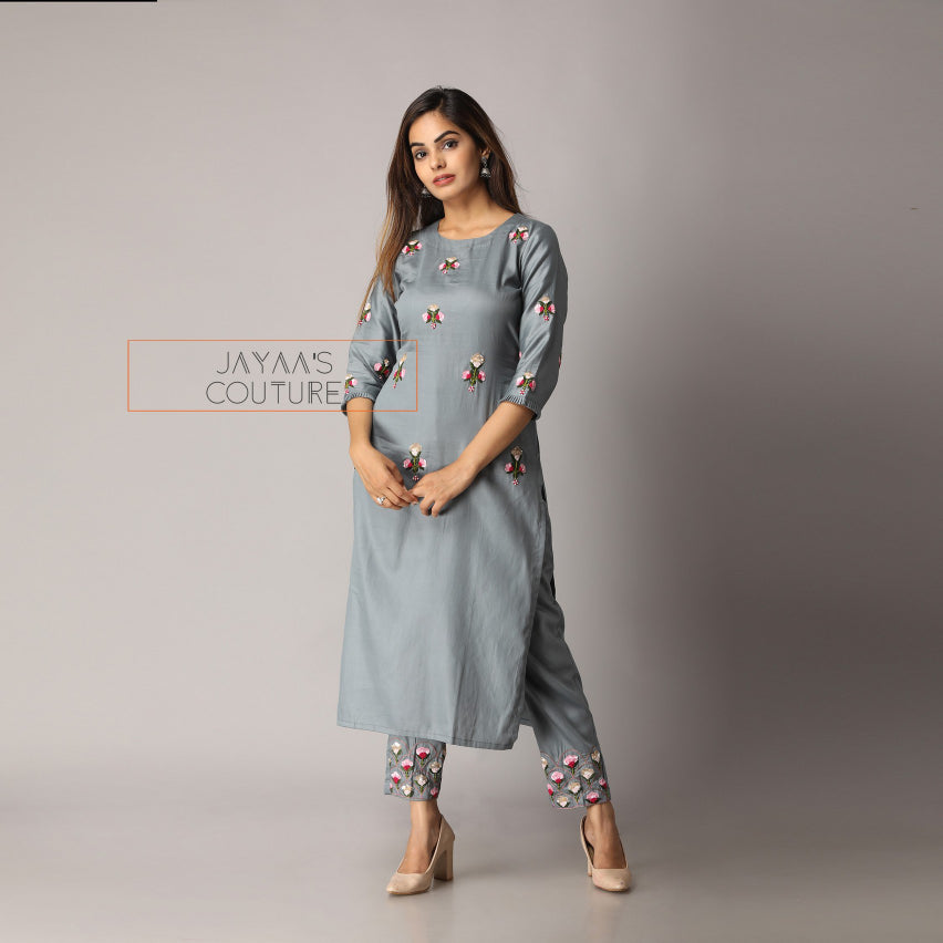 Grey kurta pants with fusia pink dupatta