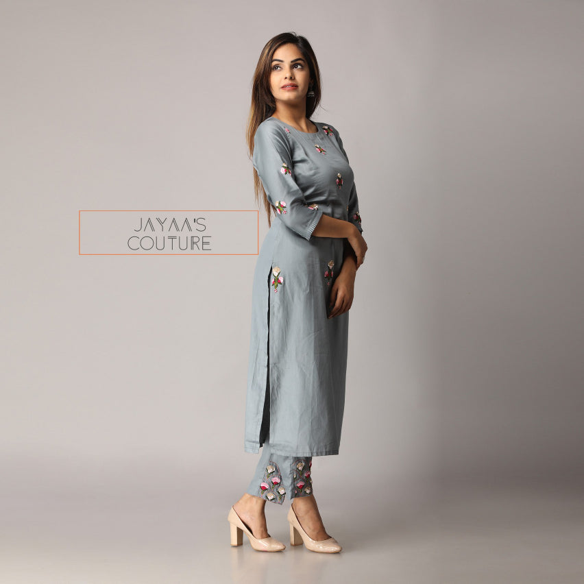 Grey kurta pants with fusia pink dupatta