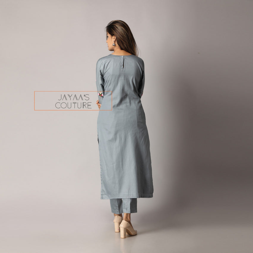 Grey kurta pants with fusia pink dupatta