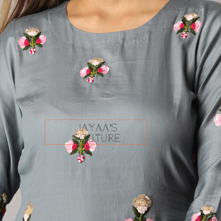 Grey kurta pants with fusia pink dupatta