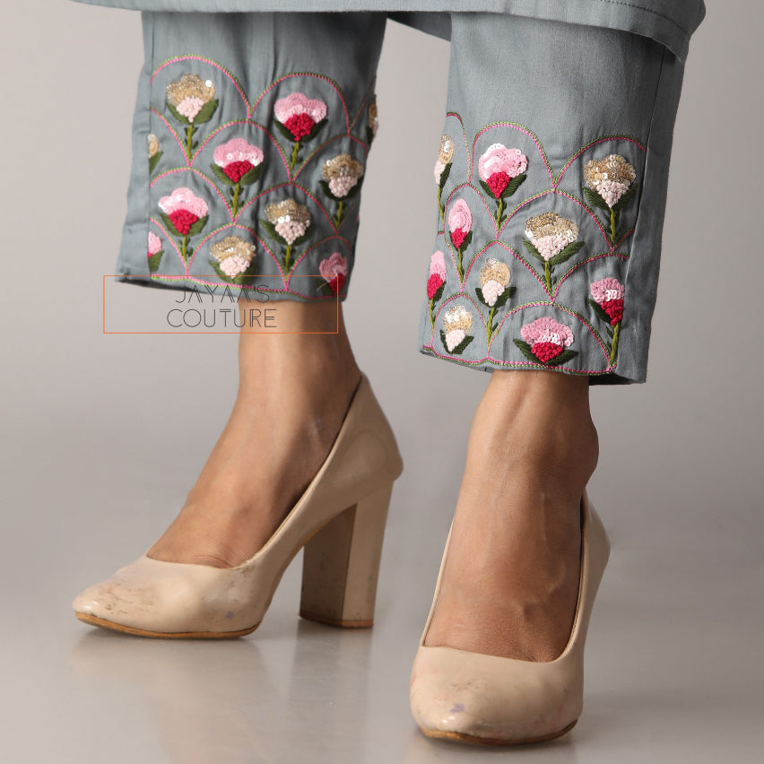 Grey kurta pants with fusia pink dupatta