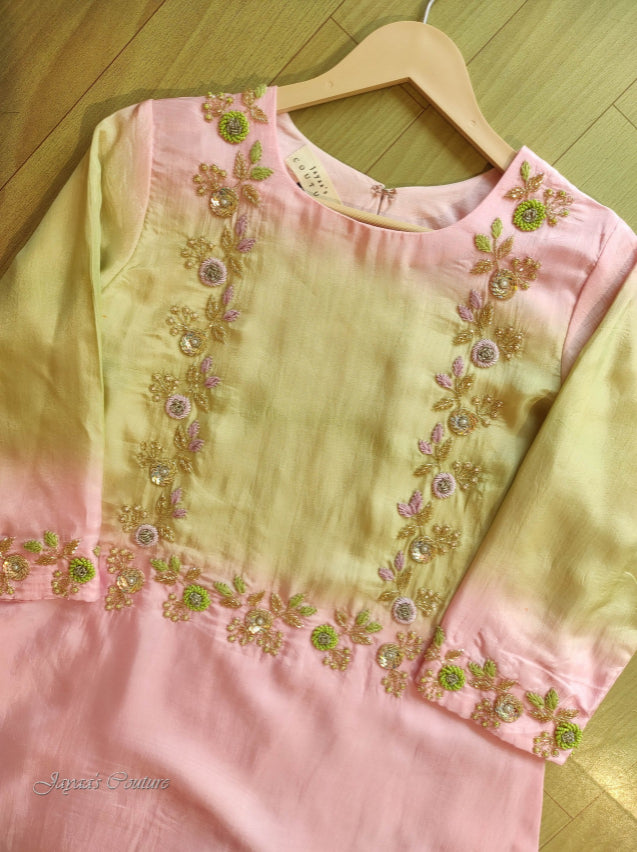 Shaded greenish pink kurta pant with tie& dye dupatta