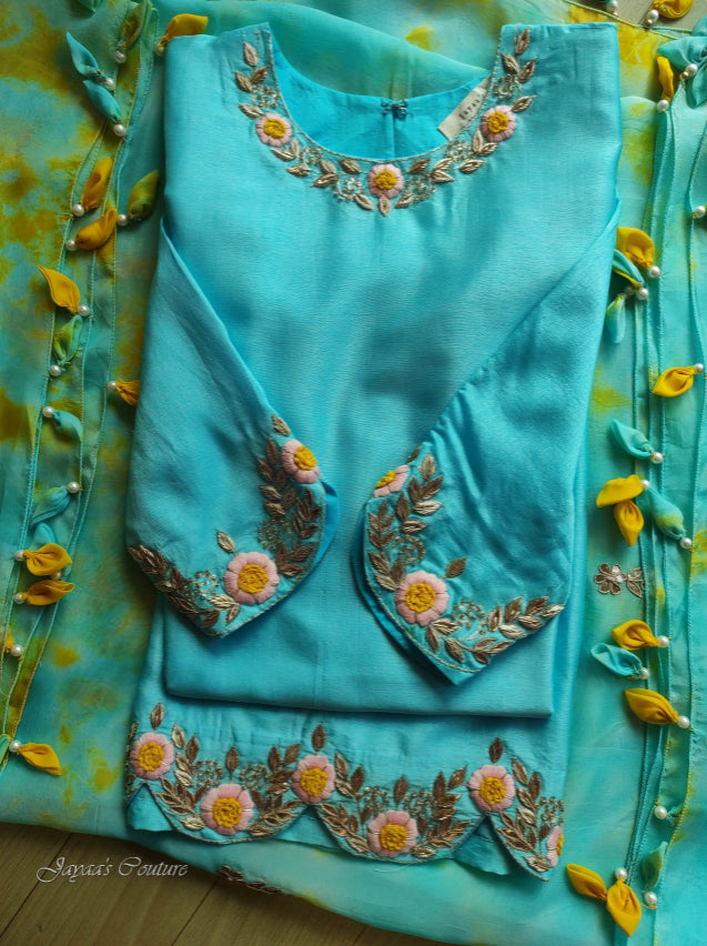 Pastel sky blue kurta pant with tie & dupatta