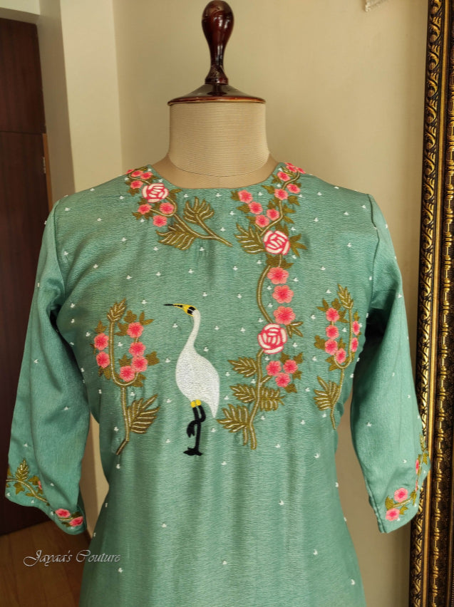 Greenish grey kurta pant with dupatta.