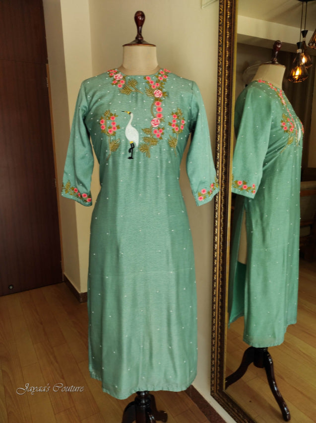 Greenish grey kurta pant with dupatta.