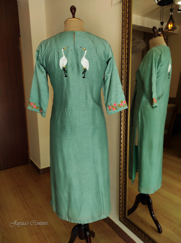 Greenish grey kurta pant with dupatta.