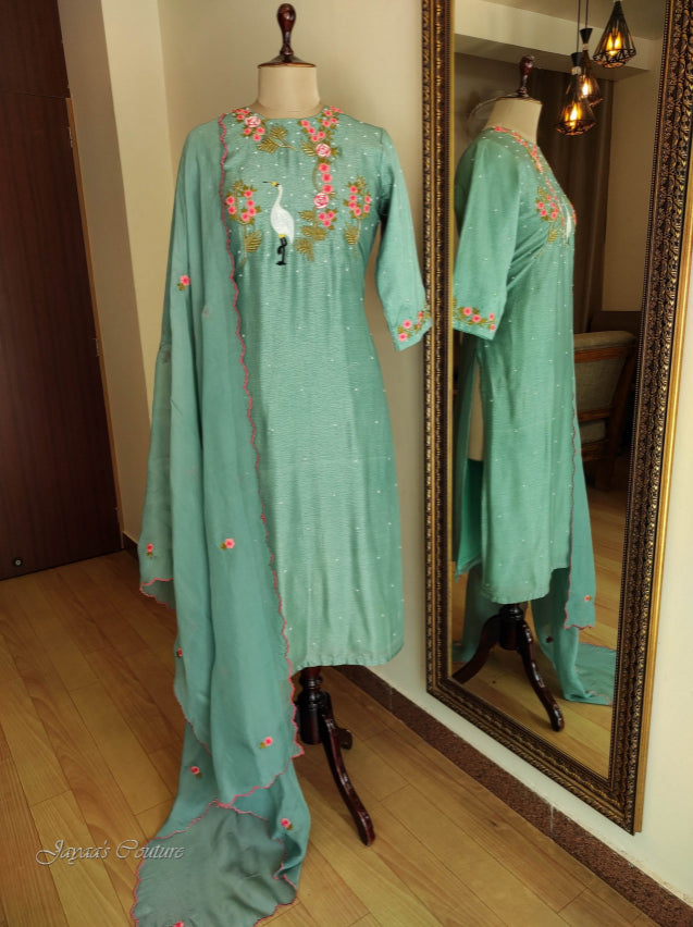 Greenish grey kurta pant with dupatta.
