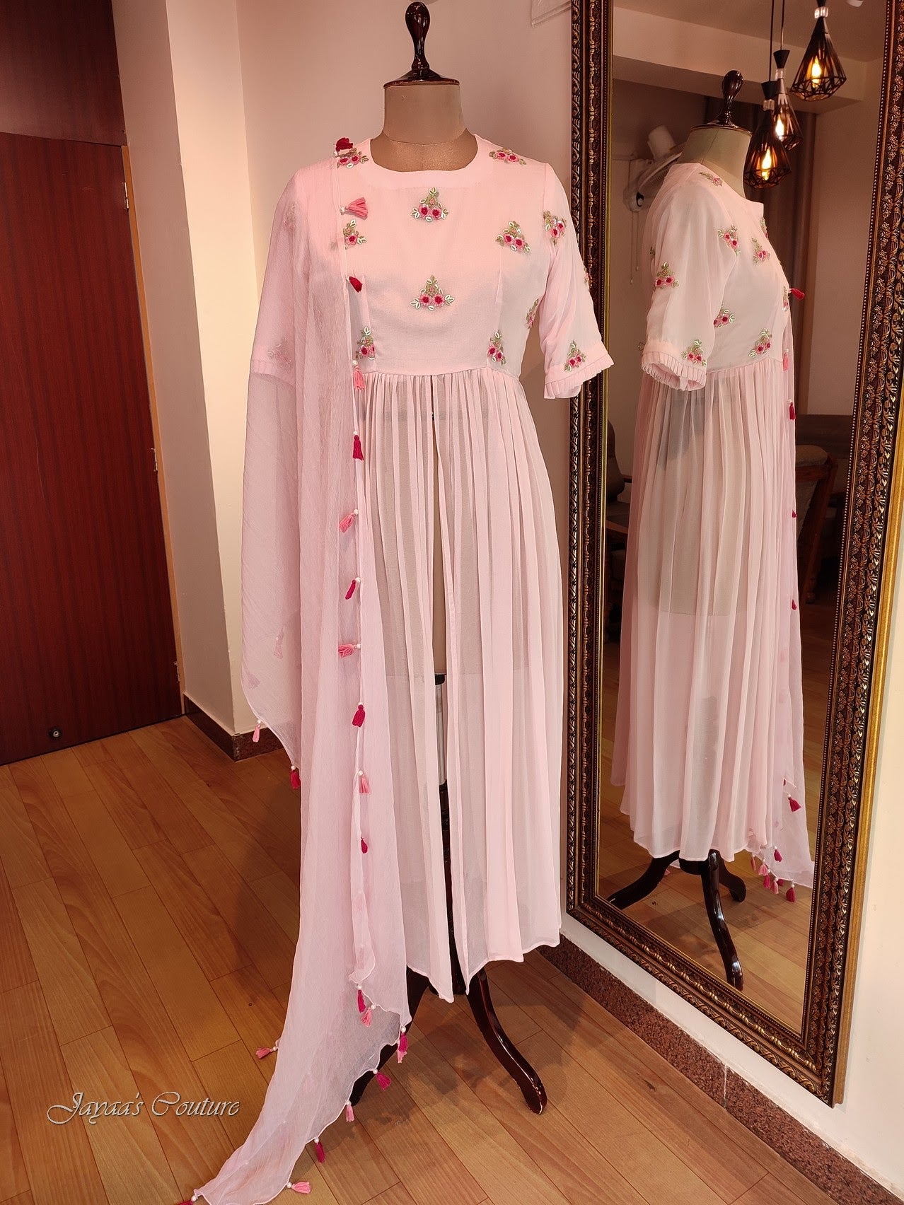 pastel pink pleated kurta with pants and dupatta