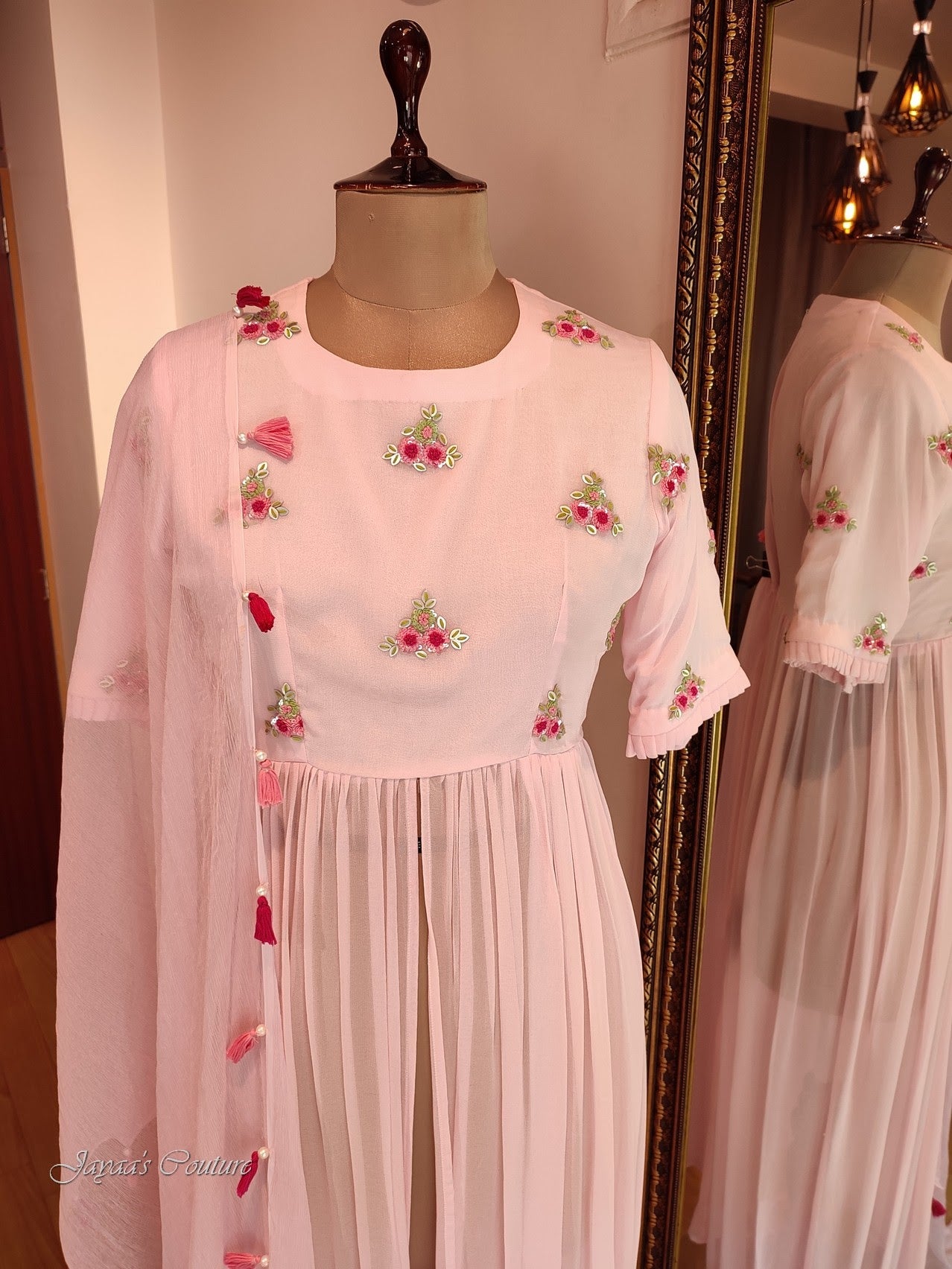 pastel pink pleated kurta with pants and dupatta
