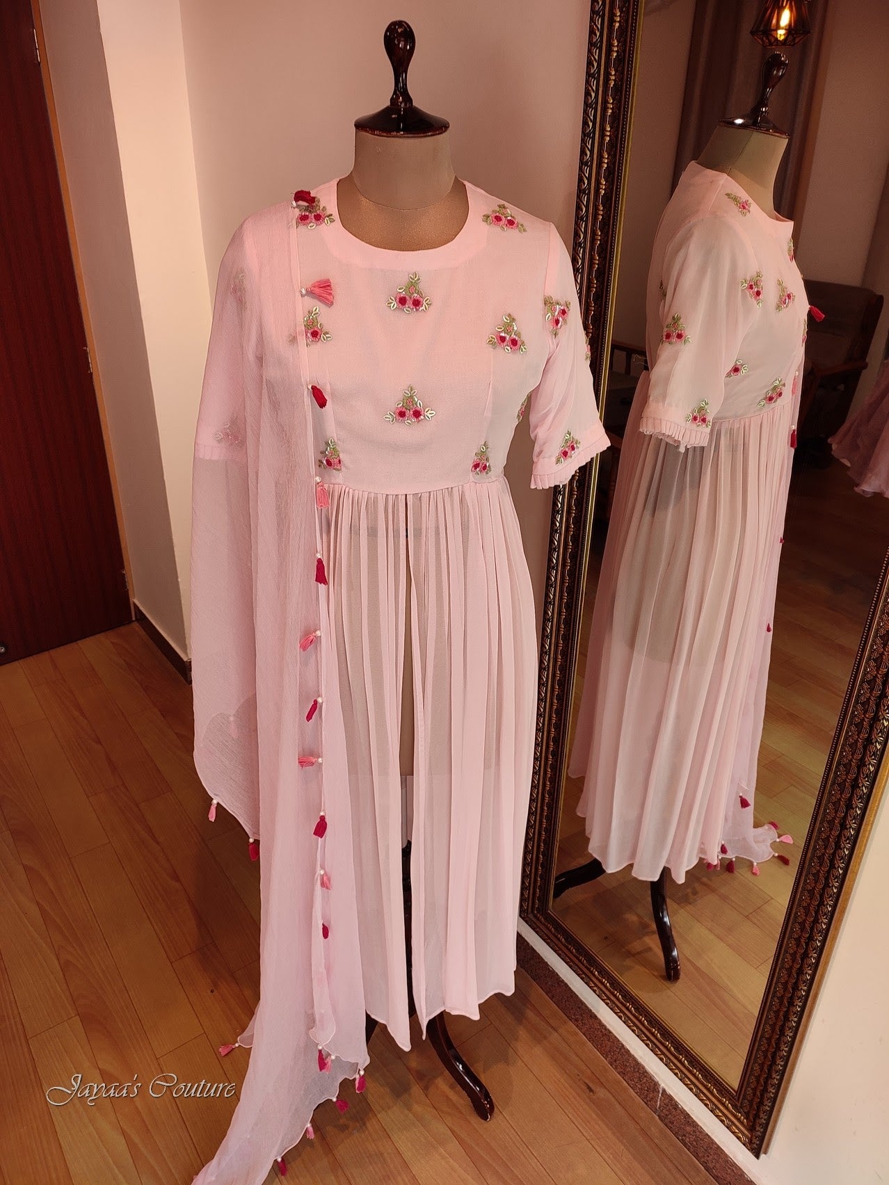 pastel pink pleated kurta with pants and dupatta