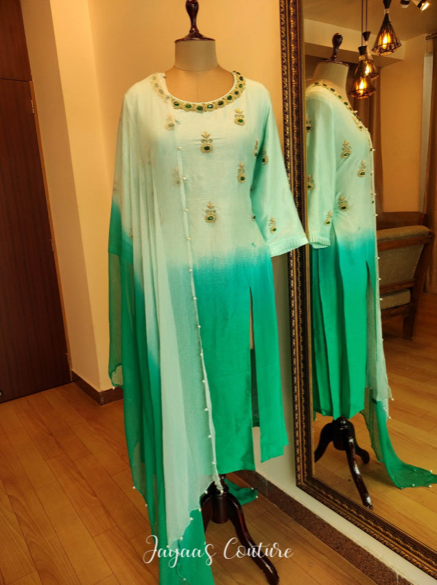Pastle sea green ombre kurta pants dupatta