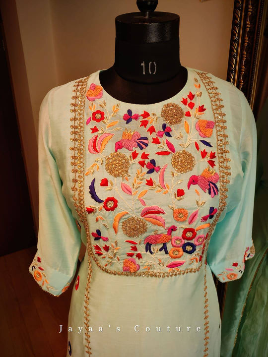 Powder blue marodi work Kurta plazo