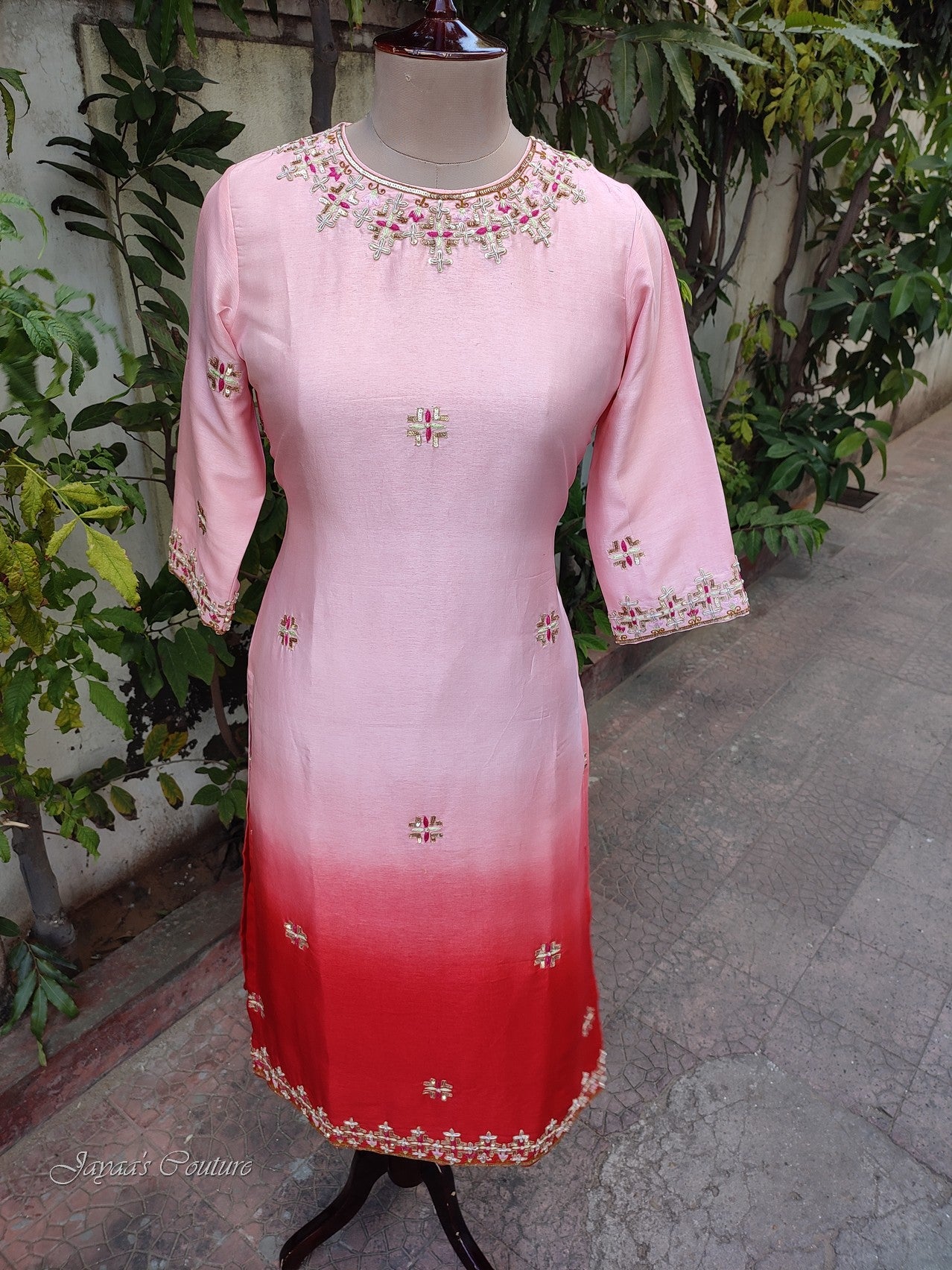 Peach to red kurta pants dupatta