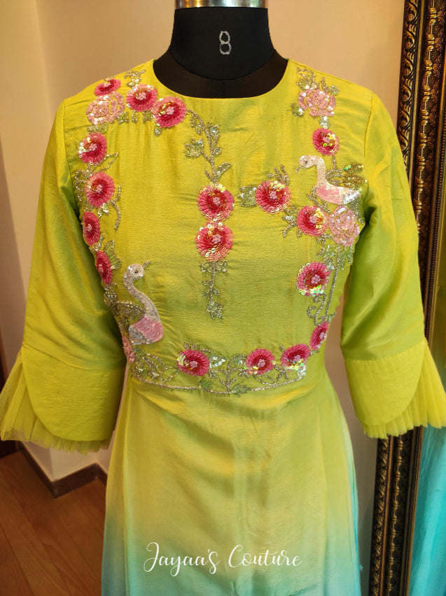 Liril green to sky blue shied kurta pants & dupatta