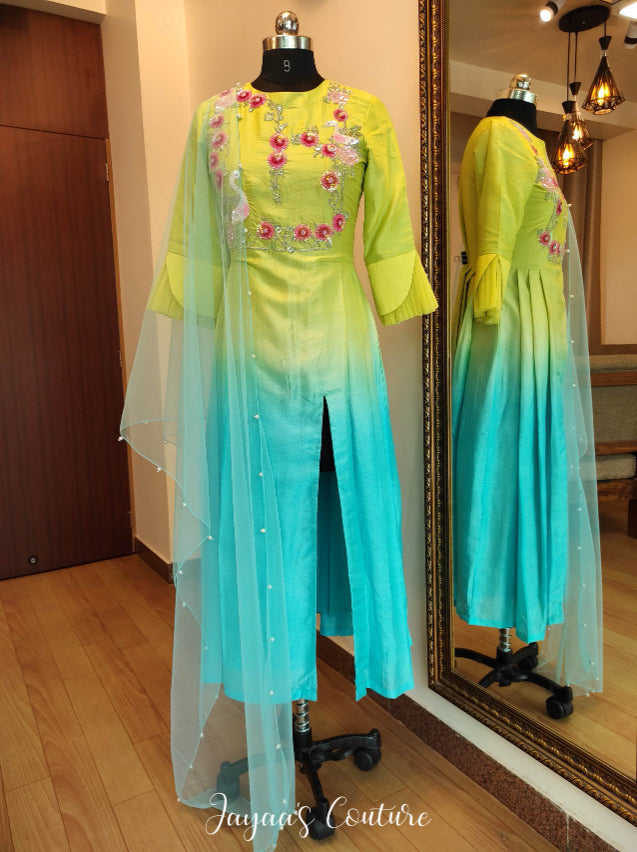 Liril green to sky blue shied kurta pants & dupatta
