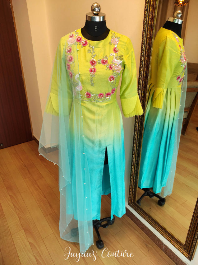 Liril green to sky blue shied kurta pants & dupatta