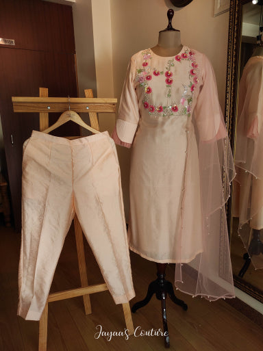 Peach swan Kurta pants dupatta set