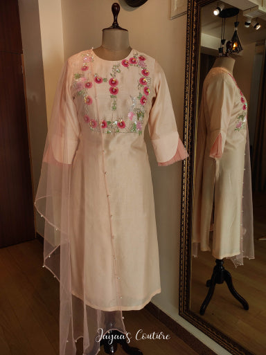 Peach swan Kurta pants dupatta set