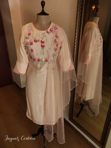 Peach swan Kurta pants dupatta set