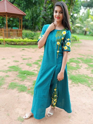 sea green sun flower kurta pants set