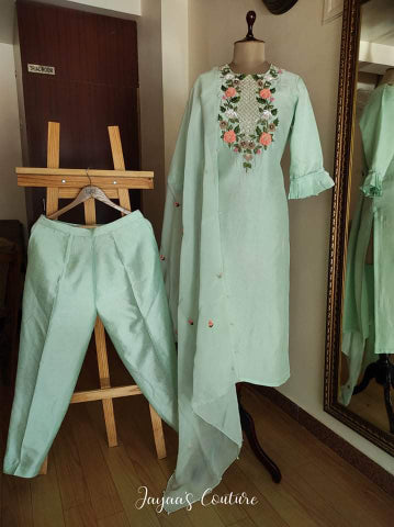 Dusty Green 3d work Kurta pants Dupatta