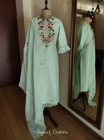 Dusty Green 3d work Kurta pants Dupatta