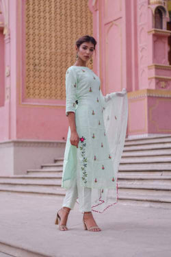 Pista green kurta pants dupatta set