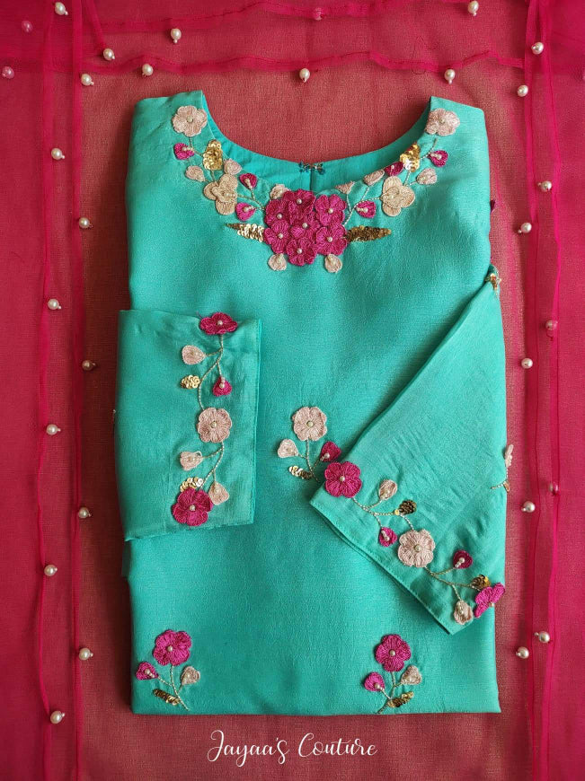 Sea Blue 3d work Kurta Pants dupatta set