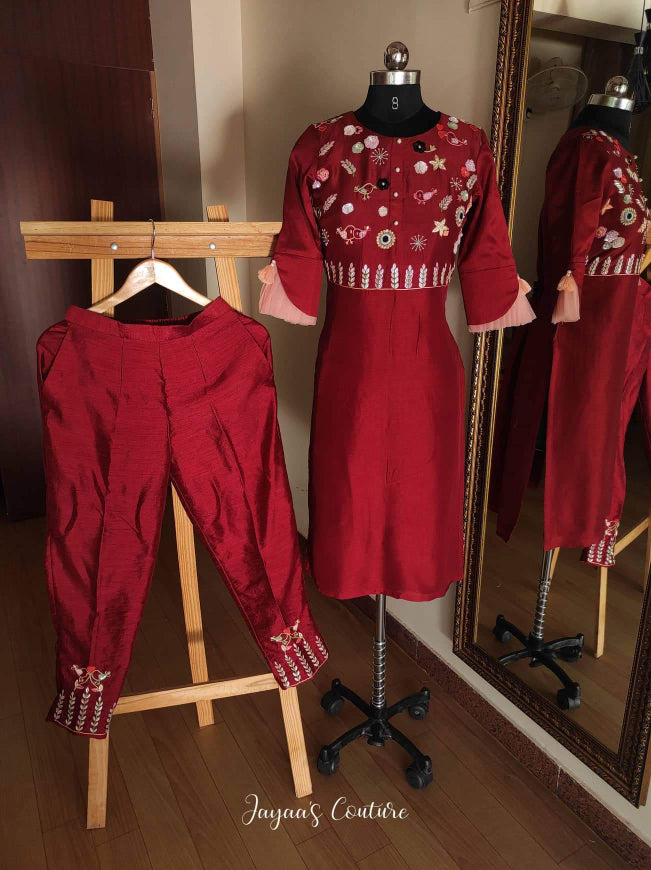 Maroon Kurta pants with dupatta