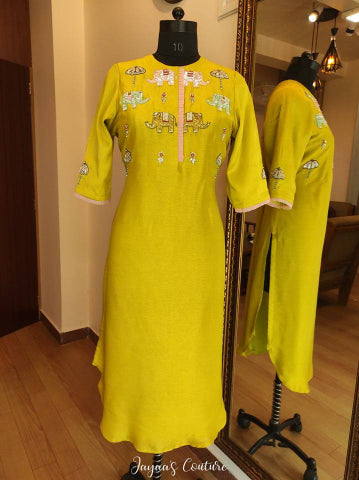 Yellowish Green Elephant Kurta Pant Set with Dupatta