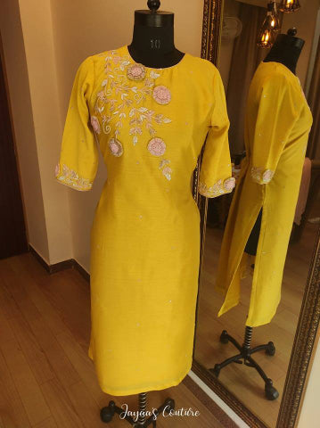 Yellow 3D Work Kurta Pants with Scalps Dupatta