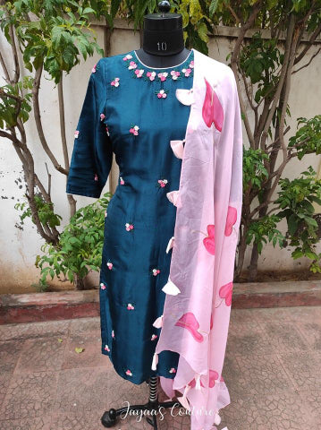 Peacock blue kurta and cullotes with pink dupatta